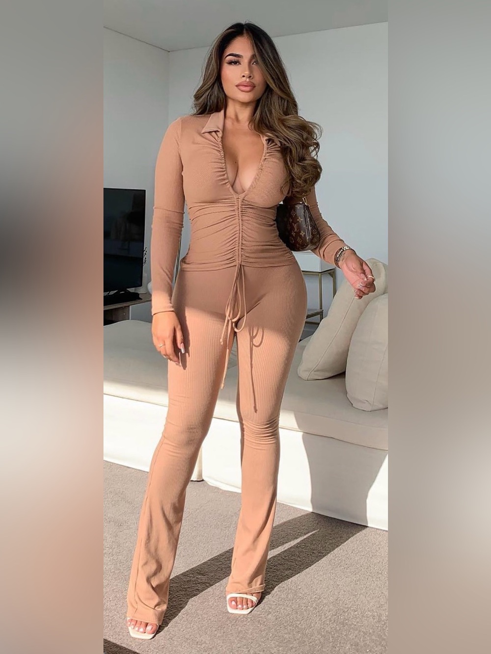 Fashion Nova Ruched Drawstring Jumpsuit - Nude/Tan